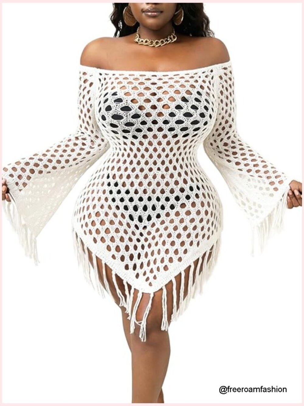 Crochet Mesh Cover Up Dress Off Shoulder Beach Swimsuit Coverup